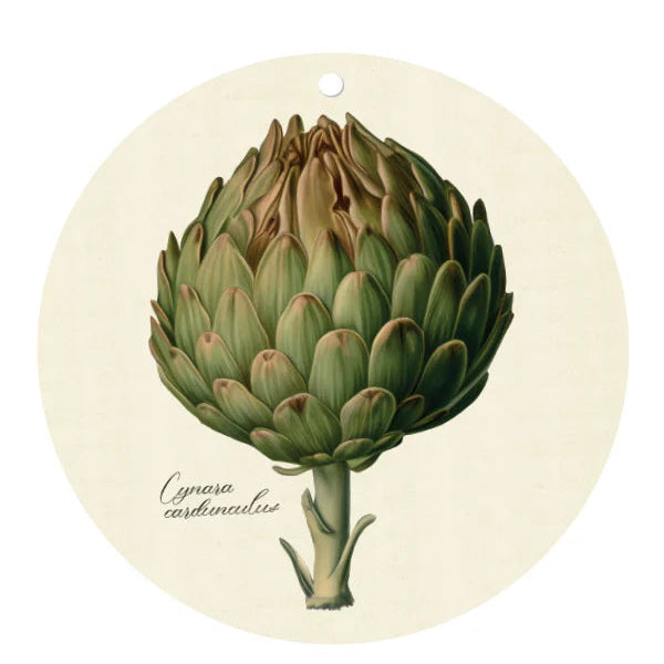 Illustration of an artichoke on a beige ceramic decorative dish with hanging hole
