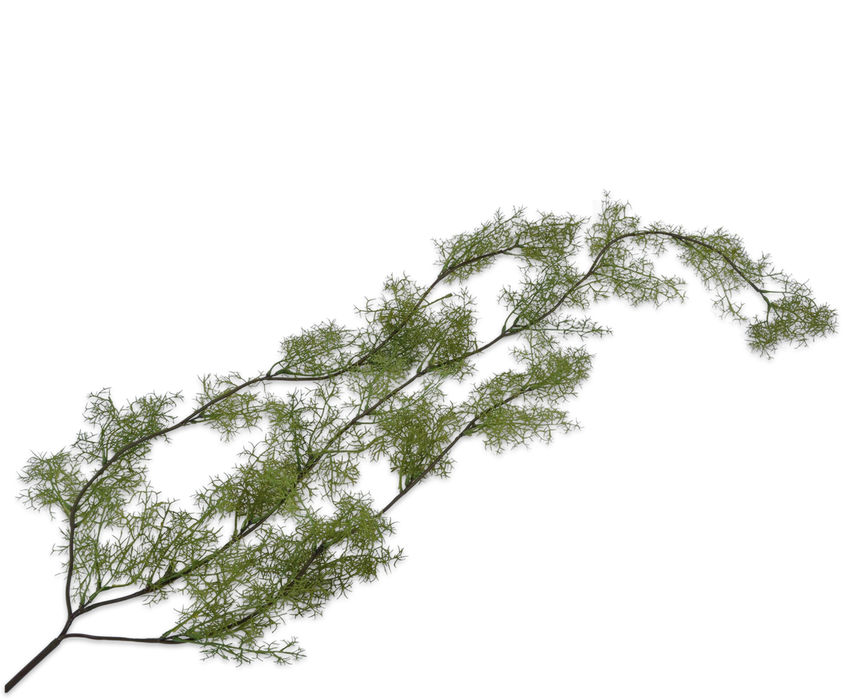 Artificial green hanging frond with visible stem details, designed for home decor.