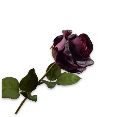 Purple artificial rose with green leaves on a white background