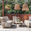 Outdoor patio set with chairs, table, and hanging planters in a garden setting.