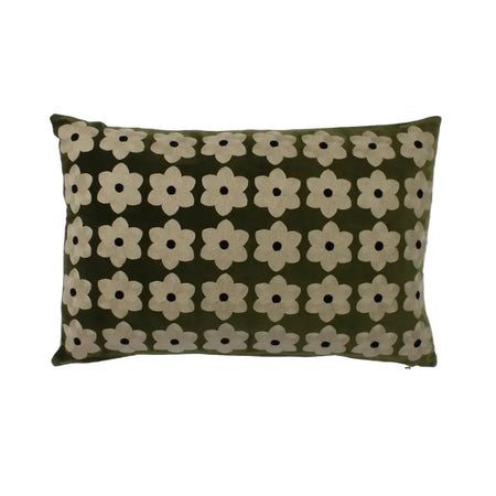 Moss green oblong cushion with rows of embroidered flowers on a white background