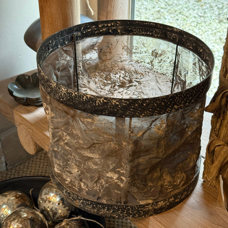 Drum shaped large metal and parchment decorative candle holder