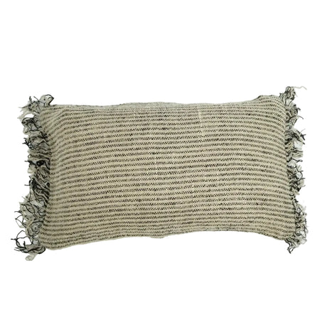 Stripy natural linen oblong shaped cushion with tassled fringing at both ends