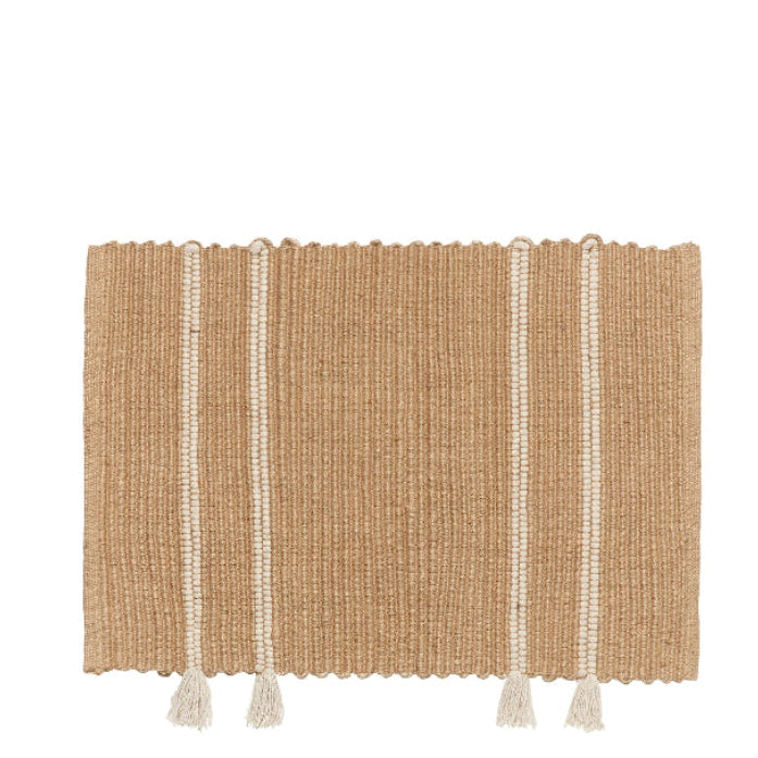A flat-woven door mat made from jute and cotton with off-white tassels, featuring vertical stripes design in natural and off-white colors.