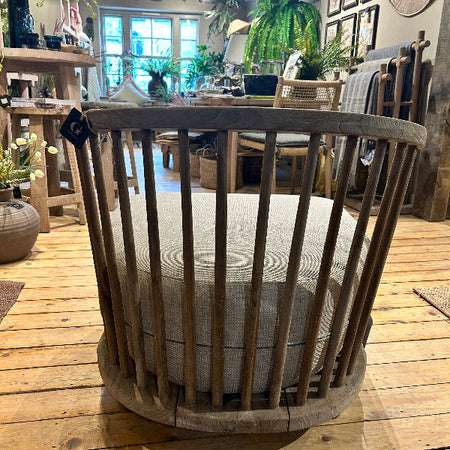Teak Garden Lounge Chair with Curved Back spindles and low seat with very deep cream cushion