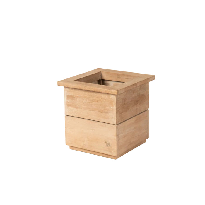 Solid natural teak square garden planter by Gommaire on a white background