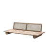 Luxury teak outdoor sofa by Gommaire with antique wicker work back, slatted solid teak base on a white background