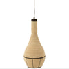 Beige woven pendant light with black accents on a white background