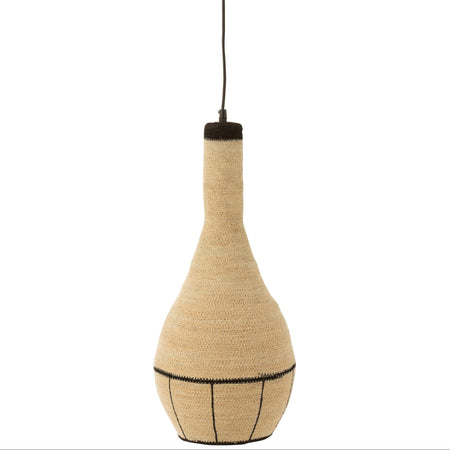 Beige woven pendant light with black accents on a white background