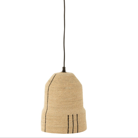 Seagrass pendant light with black line detailing hanging from black wire on a white background