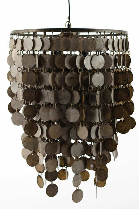 Decorative chandelier with circular disc design on a white background