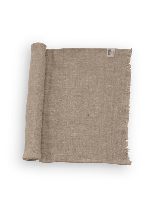 Linen Table Runner with brand label Lovely Linen on white background