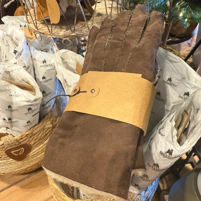 Dark brown suede women's gloves by Shepherd of Sweden lined with pure sheepskin on a table surrounded by more gloves in Shepherd branded tissue paper