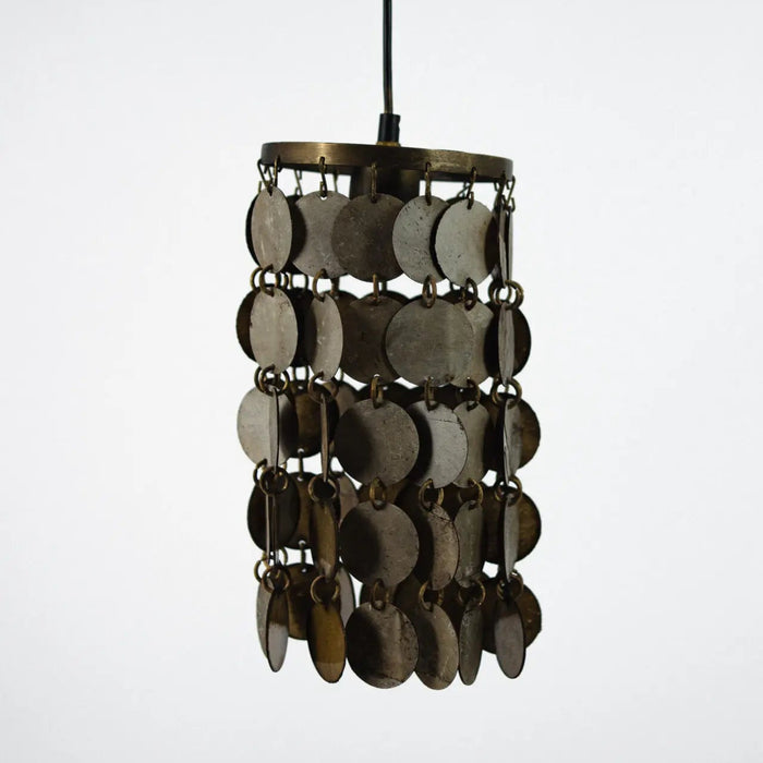 Decorative pendant light with circular disc elements on a white background