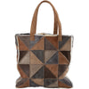 Patchwork tote bag with geometric pattern on a white background