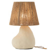 Table lamp with a textured brown shade and beige base on a white background