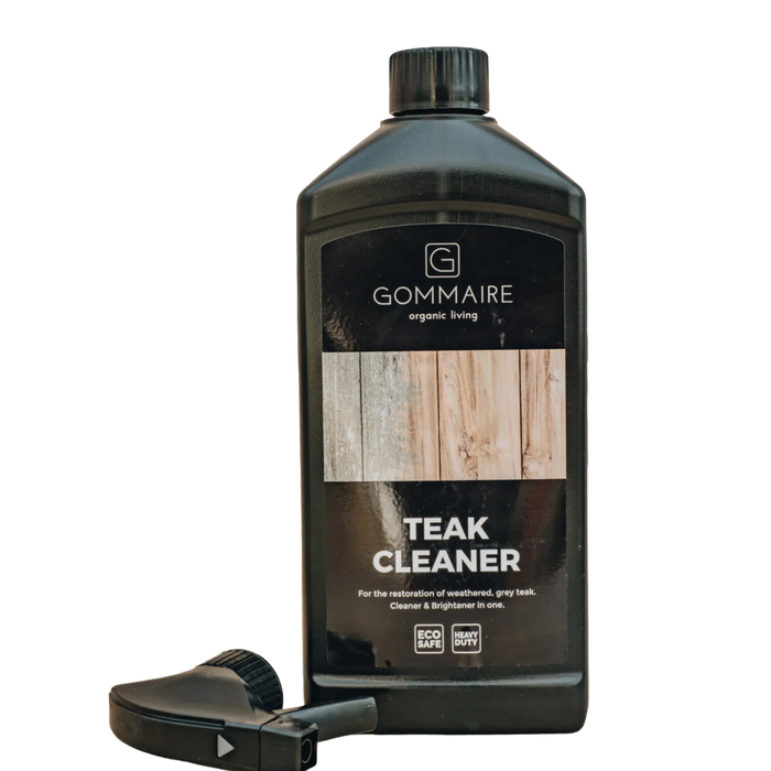 Gommaire teak cleaner bottle with a black cap on a white background