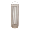 A tall cylindrical outdoor solar lantern with a woven beige rope body, aluminium top handle, and a teak base, shown on a solid white background.