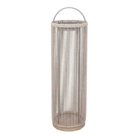 A tall cylindrical outdoor solar lantern with a woven beige rope body, aluminium top handle, and a teak base, shown on a solid white background.