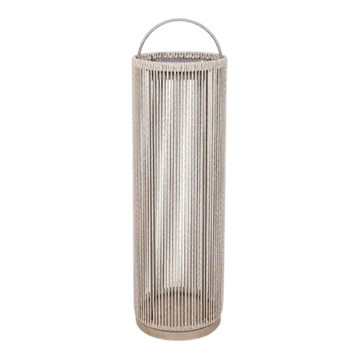 A tall cylindrical outdoor solar lantern with a woven beige rope body, aluminium top handle, and a teak base, shown on a solid white background.