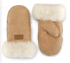 Pair of tan suede and sheepskin mittens with white fur trim on a white background