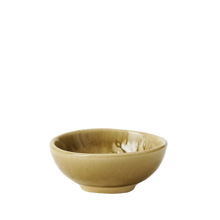 A small beige ceramic dip bowl with a crackled glaze effect on a white background.