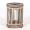 Rope, teak and aluminium solar table lamp on a white background