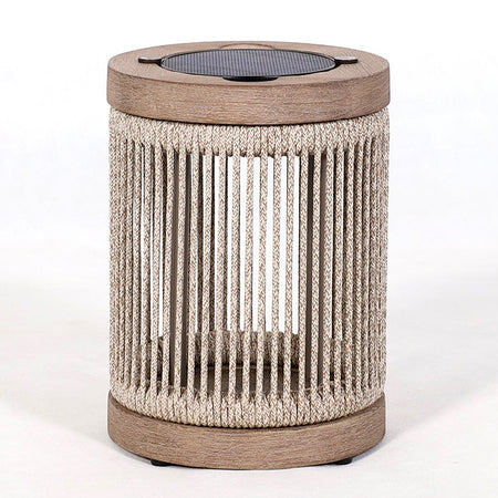 Rope, teak and aluminium solar table lamp on a white background