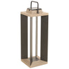 Tall rectangular black aluminium lantern with teak wood top and black sides on a white background