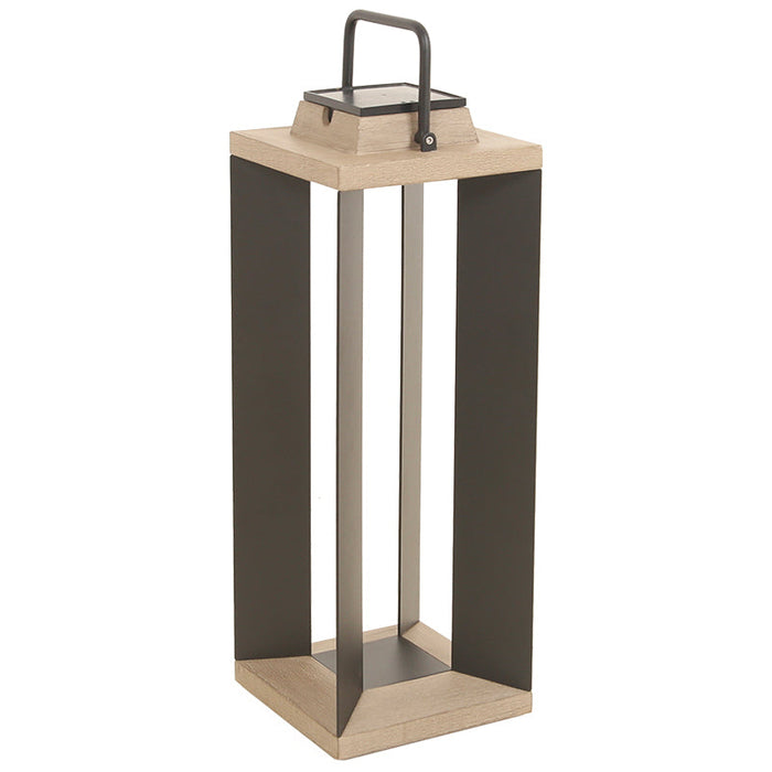 Tall rectangular black aluminium lantern with teak wood top and black sides on a white background