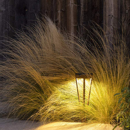 Outdoor solar torch lighting fixture embedded in grass with wooden fence background