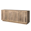 Rectangular wooden dresser by Gommaire with aged patina and contemporary handles on a white background
