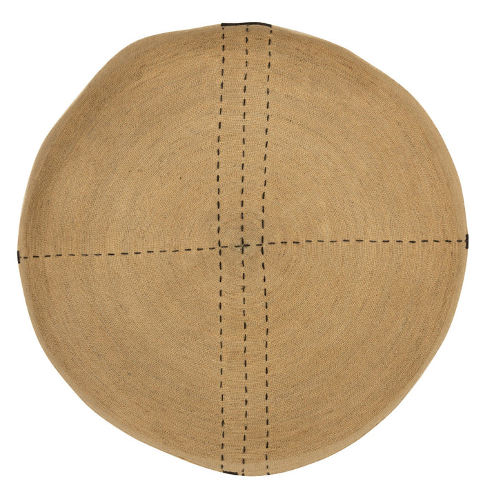 Natural seagrass wall art tray with black stitching on a white background