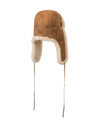 Brown suede trapper hat by Shepherd of Sweden with sheepskin lining on a white background